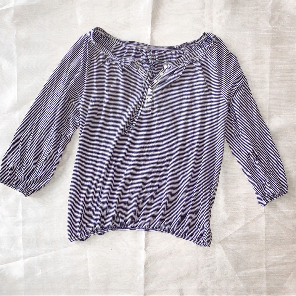 Blue and White Button Neck Top